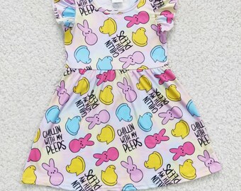 Toddler Children Peeps Happy Easter April Purple Twirl Dress Outfit Bunny Rabbit Easter Egg Hunt Spring Shirt Chilling With My Floral