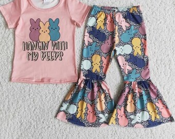 Toddler Children Peeps Happy Easter April Purple Two Piece Outfit Bunny Rabbit Easter Egg Hunt Spring Shirt Chilling With My Bunnies Floral