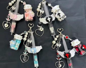Fashion Handmade Keychain Lolita Y2k Gothic Punk Syringe Cross Pill Subculture Pendant Bag Charm Bag Decoration Jewelry