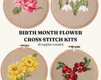 Borduurpakket geboortebloem – borduurpakket voor beginners | Gepersonaliseerd bloemencadeau, 12 maanden opties