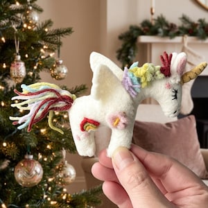 Handmade Needle Felted Unicorn Ornament, Rainbow Pegasus Christmas Tree Decor, Whimsical Kids Gift