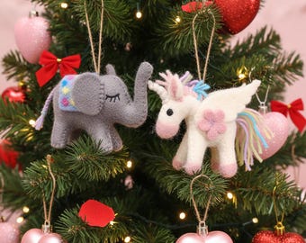 Handmade Felt Elephant and Unicorn Ornaments, Kids Decor