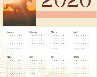 Druckbarer Kalender 2026, Jahr des Feuerpferdes, Wandjahreskalender, Sofort Download