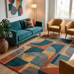 Mid Century Matta - Handtuftad ullmatta i geometriskt område, retrodekor