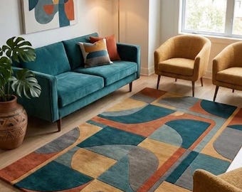 Alfombra de mediados de siglo - Alfombra geométrica de lana tejida a mano para decoración retro
