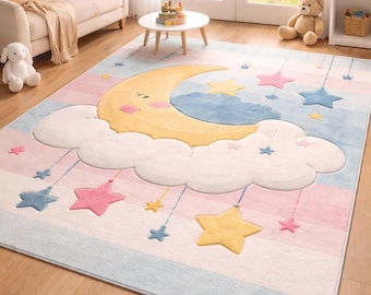 Alfombra de luna y estrellas para guardería, habitación infantil, alfombra suave para sala de juegos de bebés.