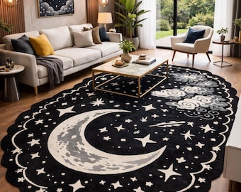Alfombra Celestial / Alfombra Sol Luna Estrellas / Decoración Boho para Sala de Estar