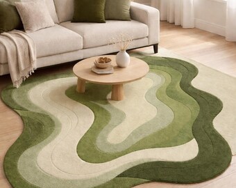 Alfombra verde salvia, alfombra de área con forma orgánica, sala de estar moderna y abstracta
