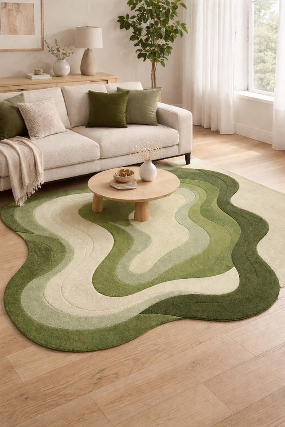 Sage Green Rug, Organic Shape Area Carpet, Modern Abstract Living Room