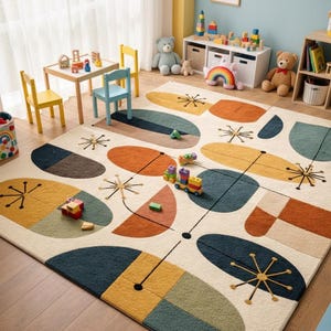 Alfombra hecha a mano de mediados de siglo, alfombra geométrica retro para sala de estar. imagen 3