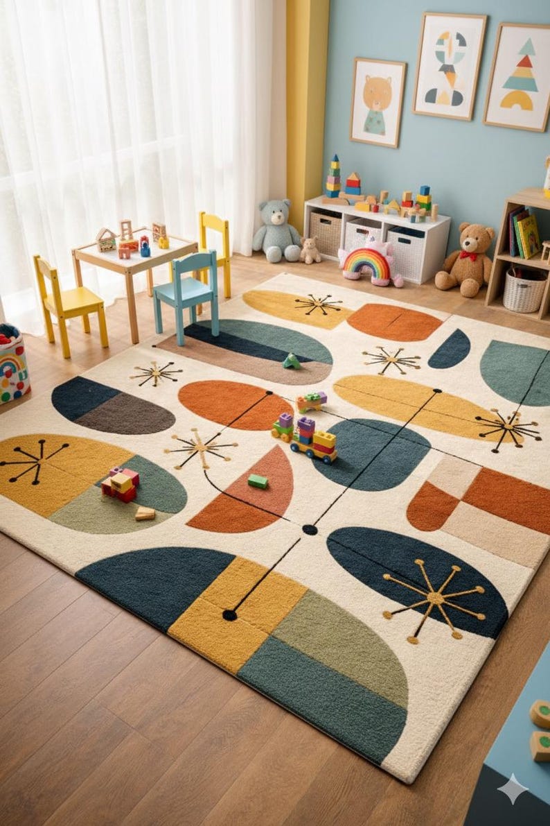 Alfombra hecha a mano de mediados de siglo, alfombra geométrica retro para sala de estar. imagen 3