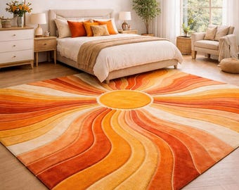 Alfombra con diseño de rayos de sol, alfombra retro con estampado de sol, decoración de habitación estilo boho naranja.