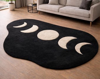 Alfombra con fases lunares, alfombra de ambiente celestial, decoración moderna bohemia negra para sala de estar.
