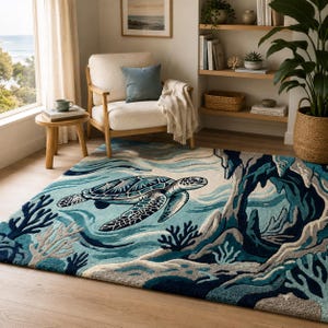 Puede incluir: Una alfombra rectangular que presenta una escena submarina detallada con una tortuga marina nadando a través de corrientes oceánicas azules y verde azulado, rodeada de formaciones de coral estilizadas y estructuras rocosas en azul marino, azul claro y crema.