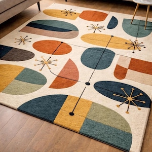 Handmade Mid Century Rug, Retro Geometric Area Carpet for Living Room