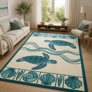Puede incluir: Una alfombra rectangular con fondo color crema que presenta dos tortugas marinas en color azul cerceta nadando entre patrones de olas estilizadas. La alfombra está enmarcada por un borde con ilustraciones repetitivas de varias conchas marinas.