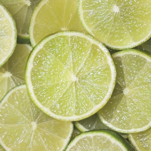 May include: Close-up image of several lime slices. The slices are a bright green with white edges and a star-like pattern in the middle. The image highlights the texture and detail of the fruit.