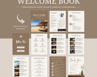 Può includere: Un modello Canva modificabile per un libro di benvenuto Airbnb composto da 10 pagine con sezioni per le regole della casa, dettagli di check-in e check-out, informazioni Wi-Fi, consigli locali, contatti di emergenza e una pagina di ringraziamento.