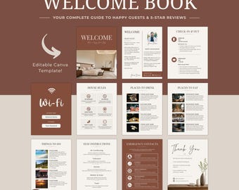 Può includere: Un modello Canva modificabile per un libro di benvenuto Airbnb composto da dieci pagine con schemi di colori marrone e bianco. Le pagine includono sezioni per le regole della casa, orari di check-in e check-out, Wi-Fi, consigli locali e contatti.