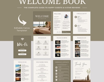 Può includere: Un modello Canva modificabile per un libro di benvenuto Airbnb composto da dieci pagine con sezioni per le regole della casa, istruzioni per il check-in e il check-out, Wi-Fi, consigli locali, contatti di emergenza e una nota di ringraziamento.