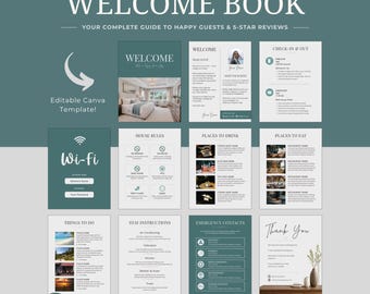 May include: An editable Canva template for an Airbnb welcome book featuring ten pages with a dark teal and white color scheme. The pages include sections for house rules, check-in and check-out, Wi-Fi details, local recommendations, and emergency contacts.