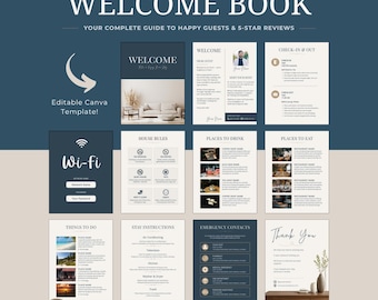 Può includere: Un modello Canva modificabile per un libro di benvenuto Airbnb con dieci pagine in blu scuro e crema. Le pagine includono sezioni per le regole della casa, informazioni Wi-Fi, dettagli di check-in e check-out, consigli locali e contatti di emergenza.