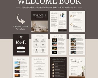 May include: An editable Canva template for an Airbnb welcome book featuring ten pages with dark brown and cream layouts. Text includes Welcome, Check-in & Out, House Rules, Places to Drink, Places to Eat, Things to Do, Stay Instructions, and Emergency Contacts.
