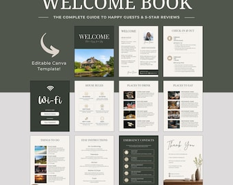 Può includere: Un modello Canva modificabile per un libro di benvenuto Airbnb con dieci pagine nei colori verde scuro e bianco. Le pagine includono sezioni per le regole della casa, istruzioni per il check-in e check-out, Wi-Fi, consigli locali e contatti di emergenza.
