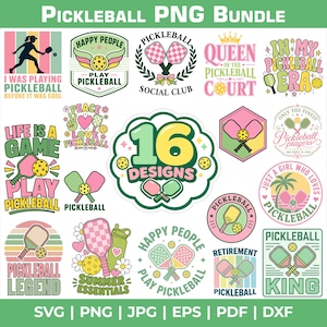 May include: A digital bundle of 16 pickleball-themed graphic designs featuring paddles, balls, and various slogans like Queen of the Pickleball Court, Pickleball Legend, and In My Pickleball Era, rendered in a pastel color palette of pink, green, and yellow.