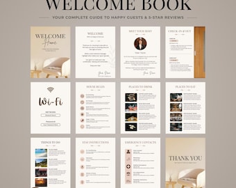 May include: A 12-page Airbnb welcome book template featuring a neutral color palette and clean typography. The pages include sections for house rules, Wi-Fi details, local recommendations, stay instructions, and emergency contacts for guest use.
