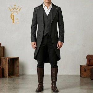 Men's Victorian Tailcoat Jacket | Charcoal Grey Wool Frock Coat | Gothic Steampunk Wedding Jacket | Historical Military Coat