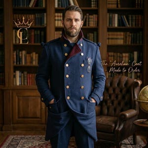 May include: A navy blue coat with gold buttons and a burgundy collar. The coat has a double-breasted design and large pockets. The text on the image reads "The Aurelian Coat - Made to Order".