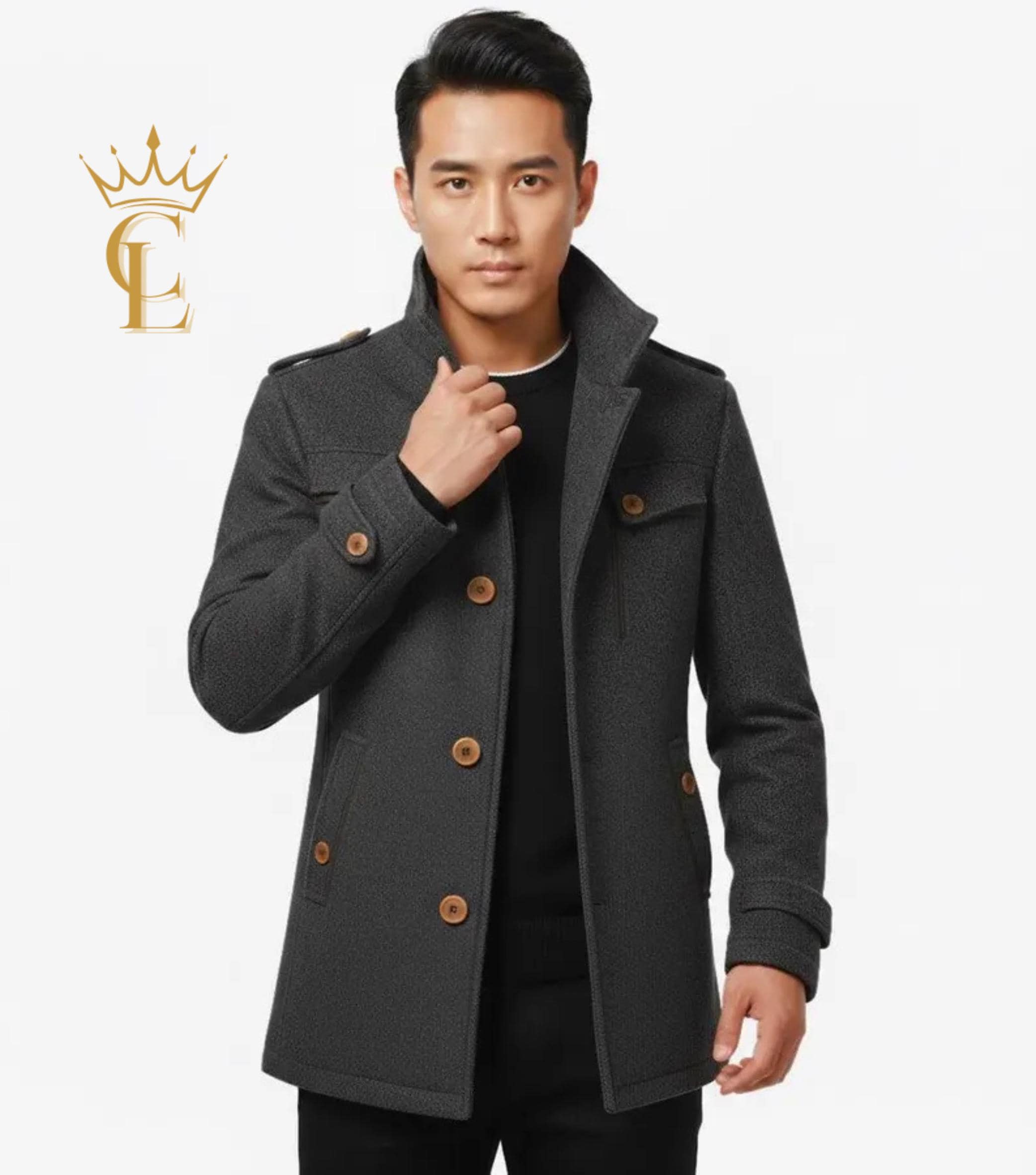 Men's Custom Made Casual Wear Wool Pea Coat Slim Fit Charcoal Grey