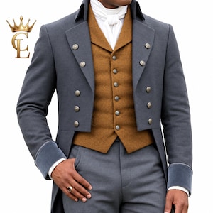 May include: A charcoal gray tailcoat jacket with a mustard brown waistcoat featuring a row of silver buttons. The ensemble includes a white cravat and matching charcoal gray trousers. A gold crown logo with the letters CL is visible in the top left corner.