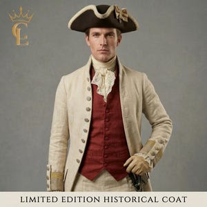 Men’s 18th Century Colonial Officer Wool Costume Gift - Deluxe Revolutionary War Era Commander Uniform, Wool Frock Coat, Waistcoat, Breaches