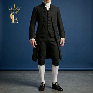 Giacca da frac da uomo in stile Regency / Completo nero a tre pezzi con frac, calzoni e gilet / Frac da sposo nero