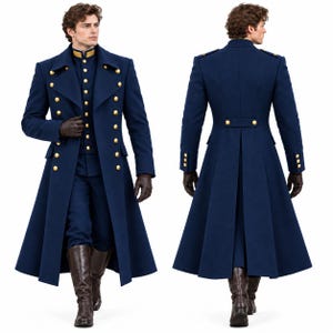 May include: A long navy blue military-style coat featuring a double-breasted front with gold buttons, a high collar with gold accents, and a flared skirt. The coat is shown from both the front and back, displaying structured shoulders and cuffs.