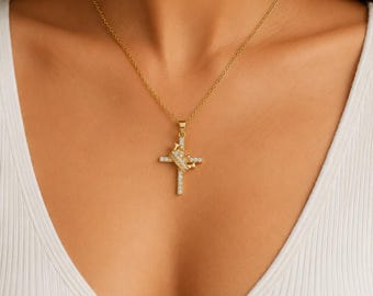 18K Gold Plated Crown Cross Necklace with Zircon Gemstones, Stainless Steel Chain