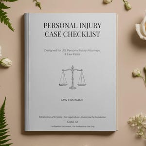 May include: A white book titled "PERSONAL INJURY CASE CHECKLIST" designed for U.S. Personal Injury Attorneys & Law Firms. The cover features a scale illustration and space for a law firm name and case ID. The background includes white roses and green foliage.
