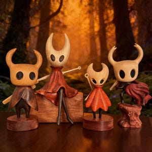 May include: Four wooden figurines of characters with horned heads and hollow eyes. Each figure has a unique design, with varying outfits and poses. The figures are primarily brown and red, set against a blurred forest background.
