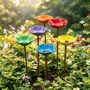 Puede incluir: Seis coloridos comederos para pájaros con forma de flor en un jardín. Los comederos son de color naranja, rojo, morado, verde, azul y amarillo. Cada comedero está montado sobre una estaca marrón, rodeado de vegetación y flores.