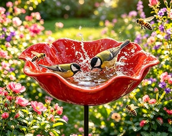 Handmade Metal Floral Garden Stake - Decorative Bird Bath & Bee Water Station - Bright Red Yard Art - Perfect Nature Lover Gift