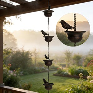 May include: A decorative rain chain with four bronze-colored bird-shaped bowls and bird figurines. The bowls are connected by a chain and hang from a wooden structure. The background features a garden with lush greenery and a soft, diffused light.