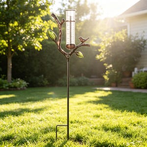 May include: A decorative rain gauge with a bronze finish. The gauge features a clear, cylindrical tube for measuring rainfall, mounted on a metal stake. The design includes a branch with leaves and a small bird perched on a branch. The gauge is set in a grassy yard.