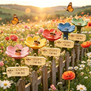 May include: A colourful garden scene with flower-shaped bee water cups. Each cup, in shades of pink, yellow, red, blue, and green, has a bee perched on top. Wooden signs reading "CUPS FOR BEE" are attached to the fence. Butterflies flutter above the flowers.