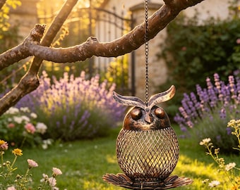 Comedero colgante vintage con forma de búho, soporte de hierro forjado para semillas de pájaros, adorno de jardín para amantes de las aves, estatua de búho de metal.