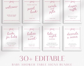 Editable Pink Bow Baby Shower Signs Bundle – Shower Party Decor, Diaper Raffle, Instant Download
