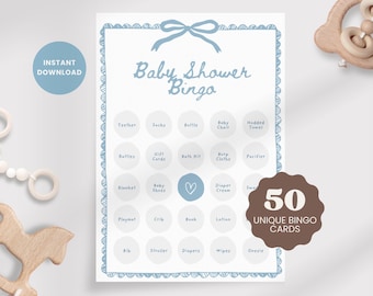 50 Baby Boy Bingokarten: Druckbare Blaue Babyparty Spielaktivitäten, Sofortdownload BSB01