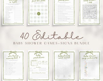 Editable Green Bow Baby Shower Games & Signs Bundle, Gender Neutral Party Activities (Instant Download)