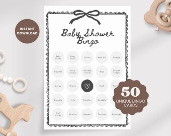 50 tarjetas de bingo únicas para baby shower imprimibles: juego minimalista con lazo negro, descarga digital.